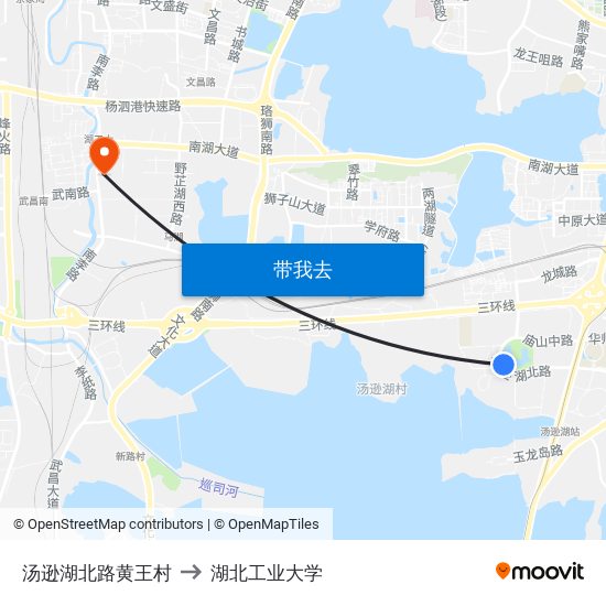 汤逊湖北路黄王村 to 湖北工业大学 map