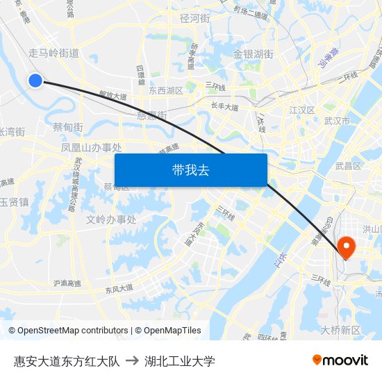 惠安大道东方红大队 to 湖北工业大学 map