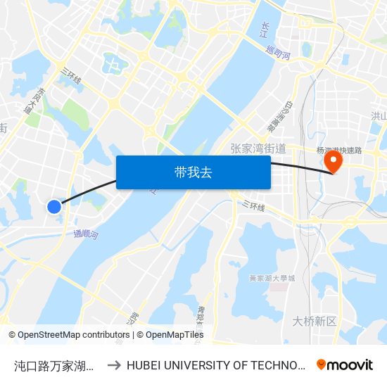 沌口路万家湖社区 to HUBEI UNIVERSITY OF TECHNOLOGY map