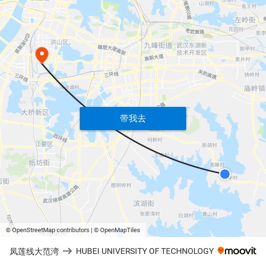 凤莲线大范湾 to HUBEI UNIVERSITY OF TECHNOLOGY map
