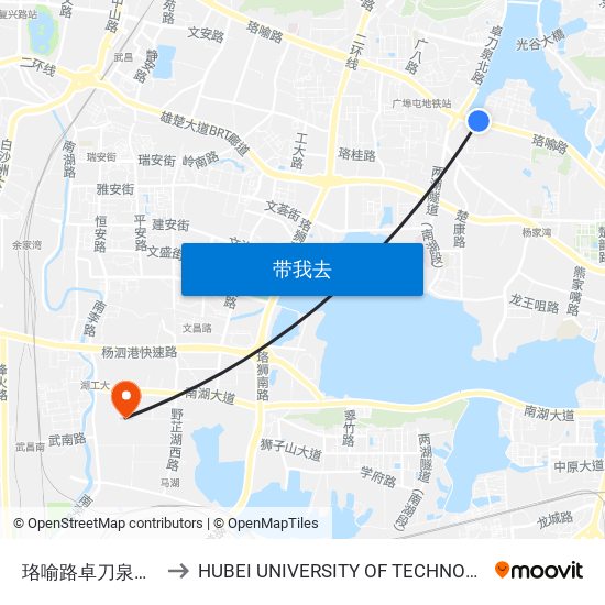 珞喻路卓刀泉中学 to HUBEI UNIVERSITY OF TECHNOLOGY map