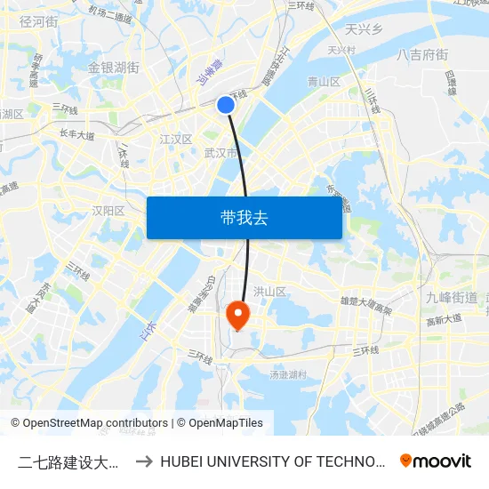 二七路建设大道口 to HUBEI UNIVERSITY OF TECHNOLOGY map
