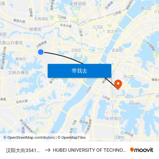 汉阳大街3541工厂 to HUBEI UNIVERSITY OF TECHNOLOGY map