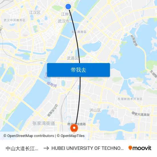 中山大道长江二桥 to HUBEI UNIVERSITY OF TECHNOLOGY map
