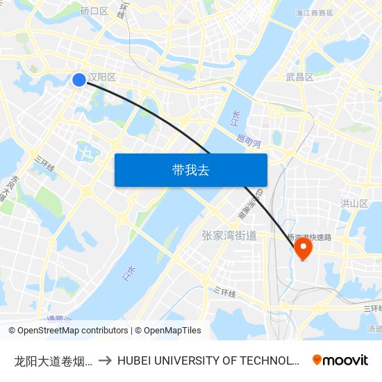 龙阳大道卷烟厂 to HUBEI UNIVERSITY OF TECHNOLOGY map