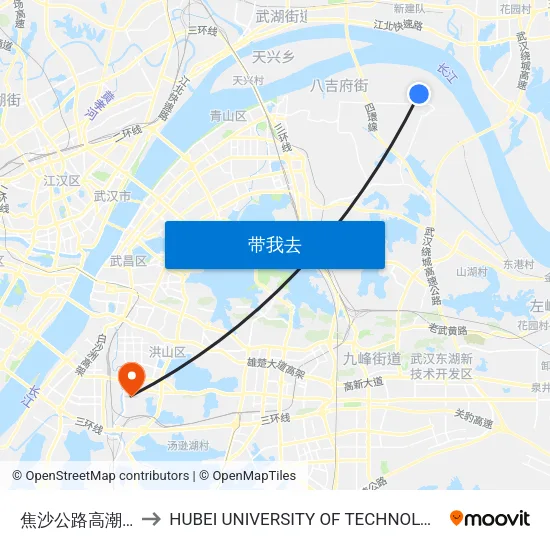 焦沙公路高潮村 to HUBEI UNIVERSITY OF TECHNOLOGY map