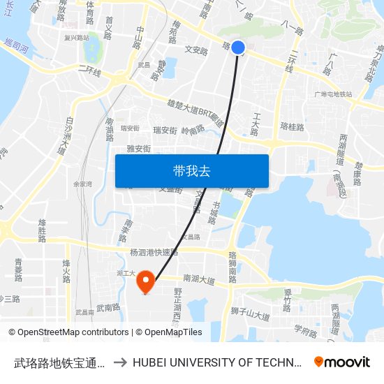 武珞路地铁宝通寺站 to HUBEI UNIVERSITY OF TECHNOLOGY map