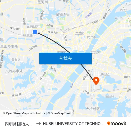 四明路团结大道口 to HUBEI UNIVERSITY OF TECHNOLOGY map