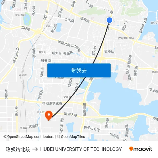 珞狮路北段 to HUBEI UNIVERSITY OF TECHNOLOGY map