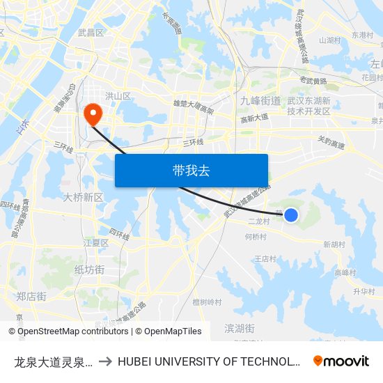 龙泉大道灵泉寺 to HUBEI UNIVERSITY OF TECHNOLOGY map