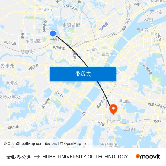 金银湖公园 to HUBEI UNIVERSITY OF TECHNOLOGY map