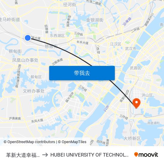 革新大道幸福村 to HUBEI UNIVERSITY OF TECHNOLOGY map