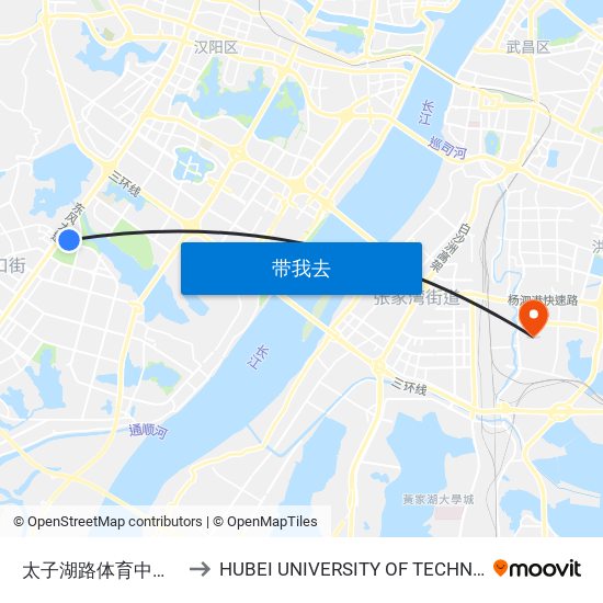 太子湖路体育中心北门 to HUBEI UNIVERSITY OF TECHNOLOGY map