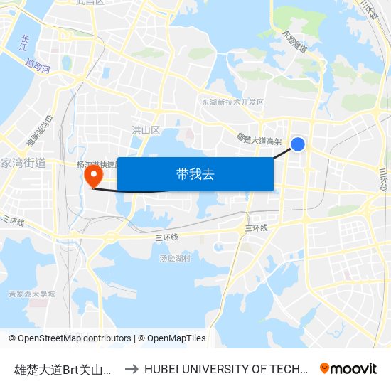 雄楚大道Brt关山大道站 to HUBEI UNIVERSITY OF TECHNOLOGY map