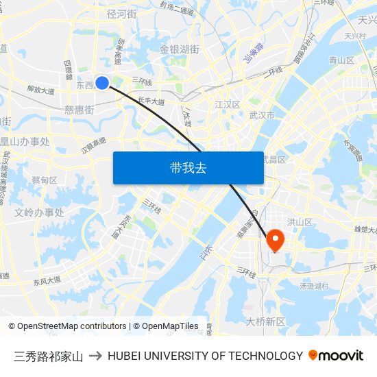 三秀路祁家山 to HUBEI UNIVERSITY OF TECHNOLOGY map