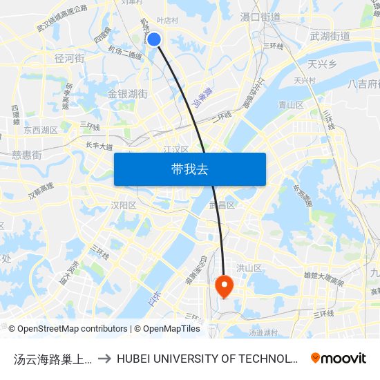 汤云海路巢上城 to HUBEI UNIVERSITY OF TECHNOLOGY map