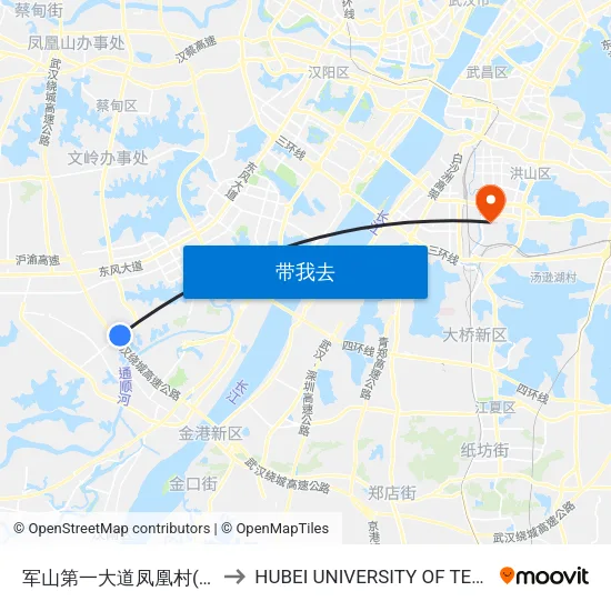 军山第一大道凤凰村(军山大道) to HUBEI UNIVERSITY OF TECHNOLOGY map