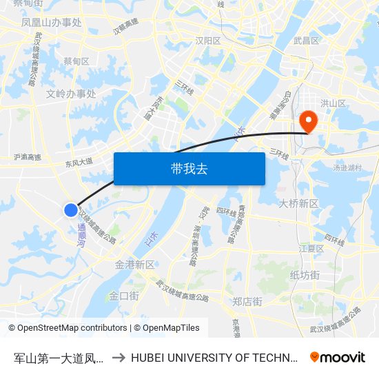 军山第一大道凤凰村 to HUBEI UNIVERSITY OF TECHNOLOGY map
