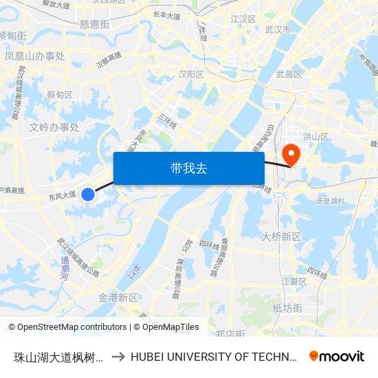 珠山湖大道枫树五路 to HUBEI UNIVERSITY OF TECHNOLOGY map
