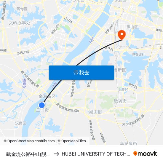 武金堤公路中山舰博物馆 to HUBEI UNIVERSITY OF TECHNOLOGY map
