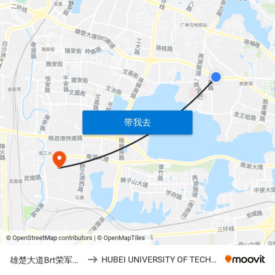 雄楚大道Brt荣军医院站 to HUBEI UNIVERSITY OF TECHNOLOGY map