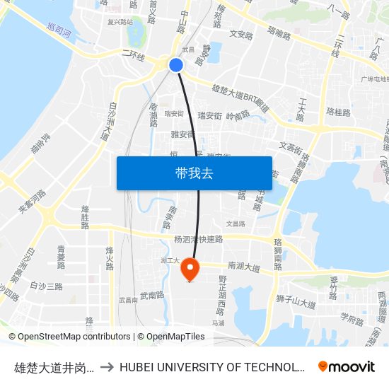 雄楚大道井岗村 to HUBEI UNIVERSITY OF TECHNOLOGY map