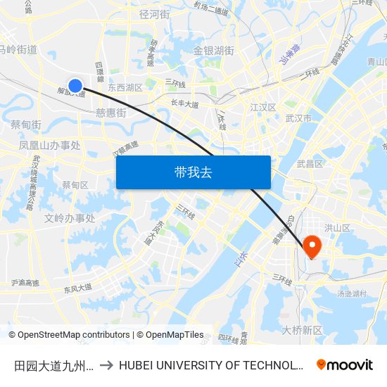 田园大道九州通 to HUBEI UNIVERSITY OF TECHNOLOGY map