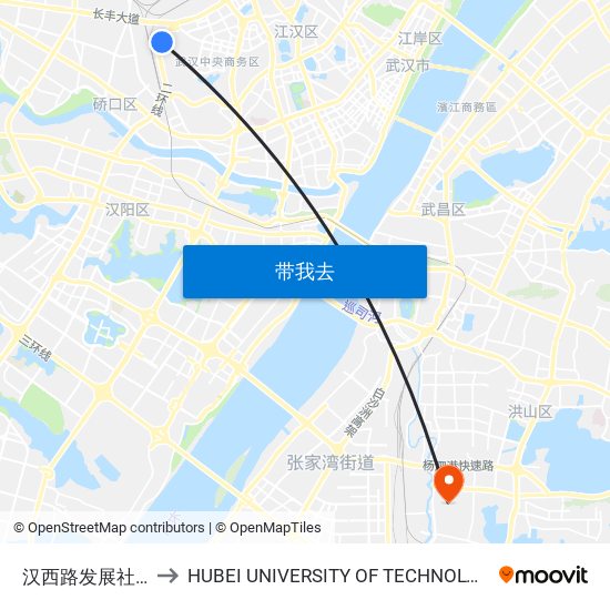 汉西路发展社区 to HUBEI UNIVERSITY OF TECHNOLOGY map