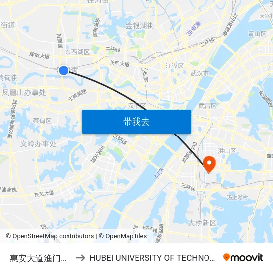惠安大道渔门大队 to HUBEI UNIVERSITY OF TECHNOLOGY map