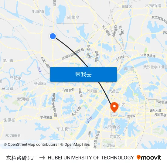 东柏路砖瓦厂 to HUBEI UNIVERSITY OF TECHNOLOGY map