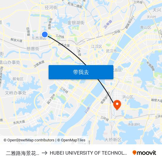 二雅路海景花园 to HUBEI UNIVERSITY OF TECHNOLOGY map