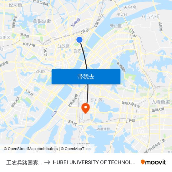 工农兵路国宾馆 to HUBEI UNIVERSITY OF TECHNOLOGY map