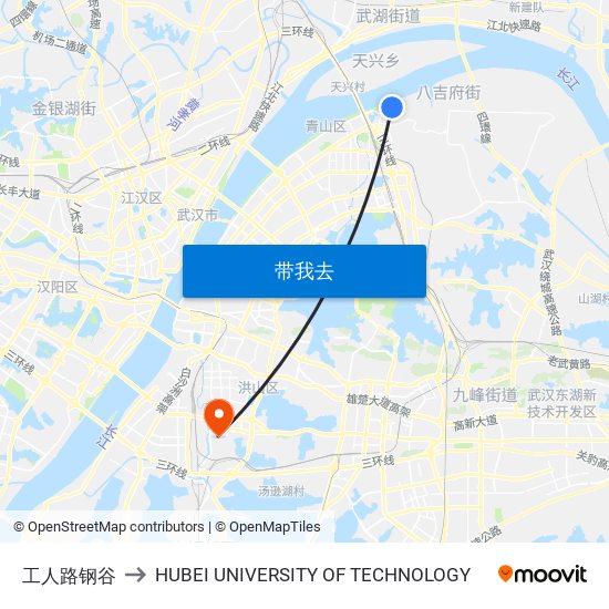 工人路钢谷 to HUBEI UNIVERSITY OF TECHNOLOGY map