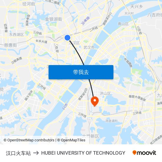 汉口火车站 to HUBEI UNIVERSITY OF TECHNOLOGY map
