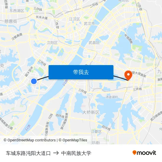 车城东路沌阳大道口 to 中南民族大学 map