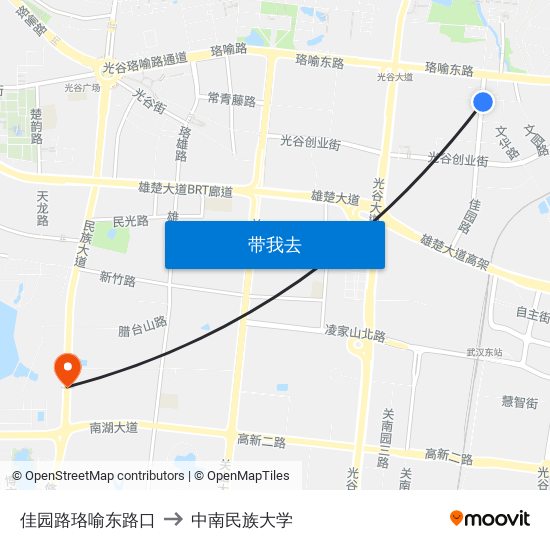 佳园路珞喻东路口 to 中南民族大学 map