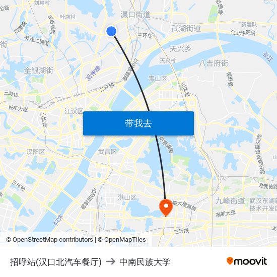 招呼站(汉口北汽车餐厅) to 中南民族大学 map