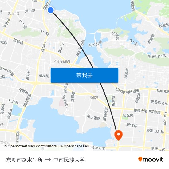 东湖南路水生所 to 中南民族大学 map