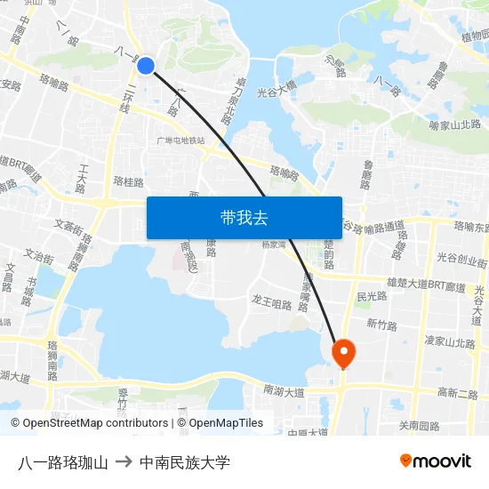 八一路珞珈山 to 中南民族大学 map