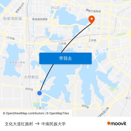 文化大道红旗村 to 中南民族大学 map