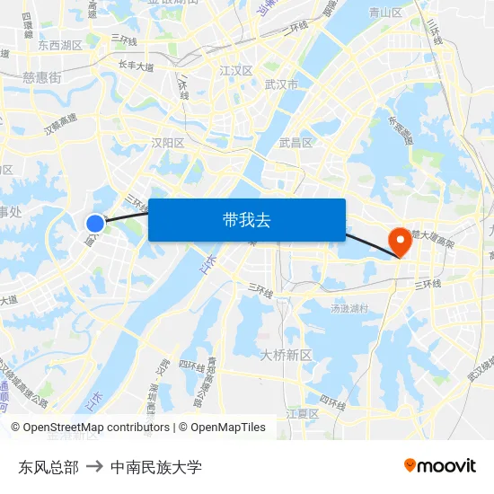 东风总部 to 中南民族大学 map