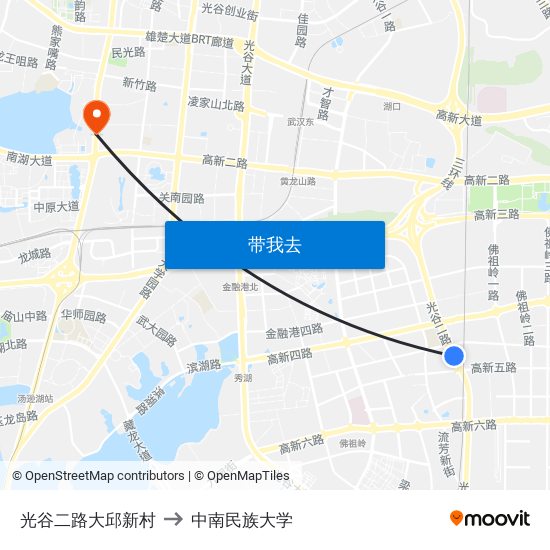 光谷二路大邱新村 to 中南民族大学 map