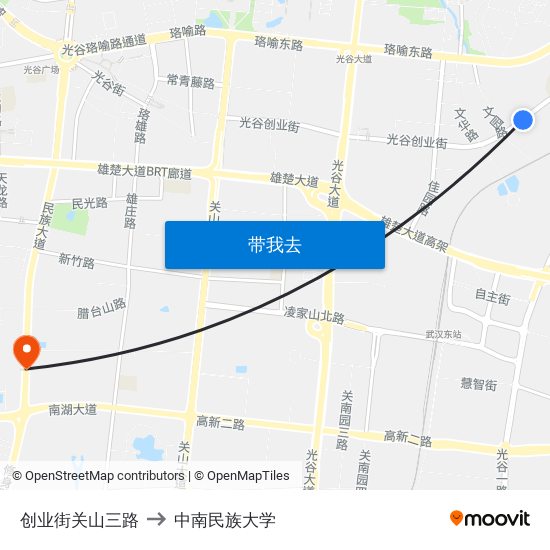 创业街关山三路 to 中南民族大学 map