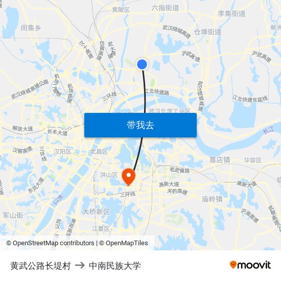 黄武公路长堤村 to 中南民族大学 map