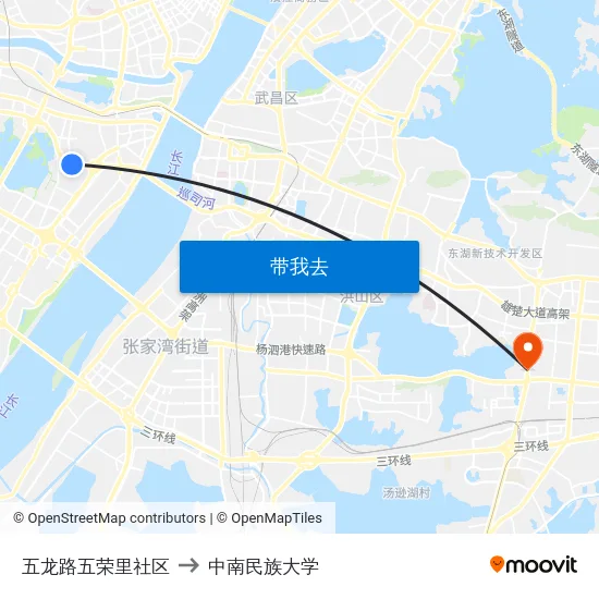五龙路五荣里社区 to 中南民族大学 map