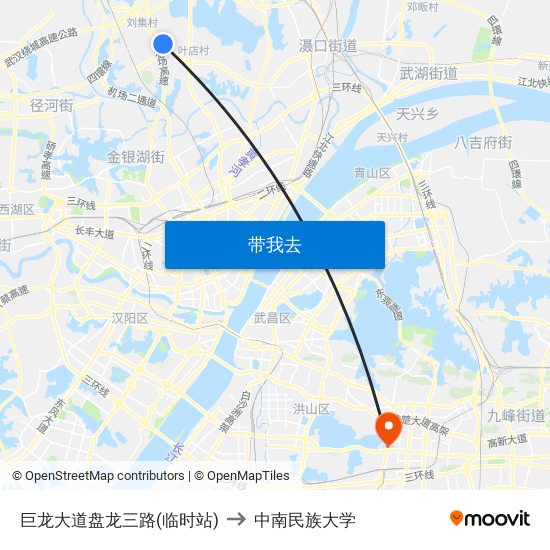 巨龙大道盘龙三路(临时站) to 中南民族大学 map