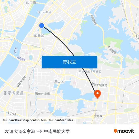 友谊大道余家湖 to 中南民族大学 map