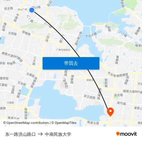 东一路洪山路口 to 中南民族大学 map