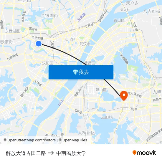 解放大道古田二路 to 中南民族大学 map