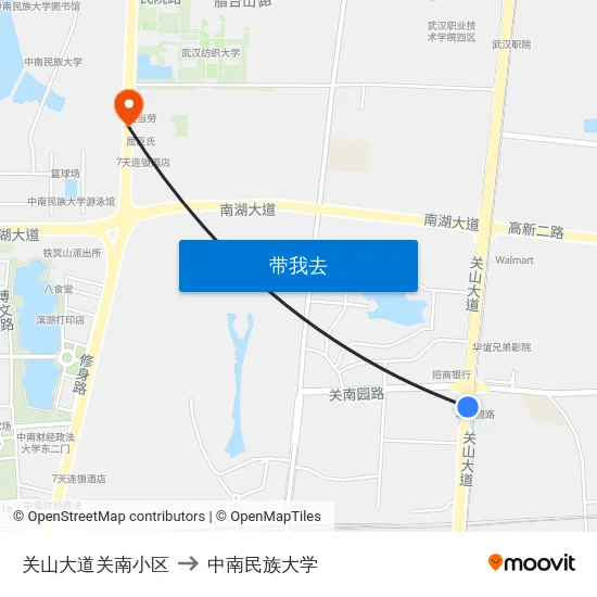 关山大道关南小区 to 中南民族大学 map